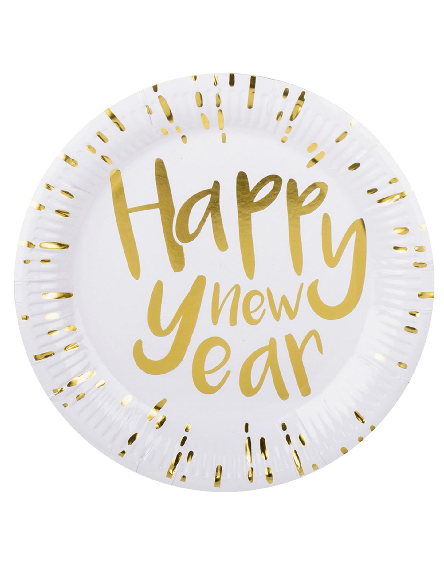 10 belo-zlatih kartonskih krožnikov z napisom "Srečno novo leto" 23 cm za silvestrovo
