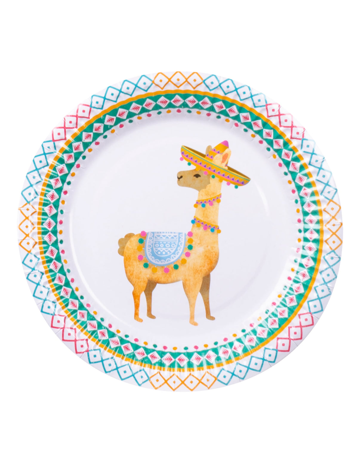 Assiette en carton lama pour fête blanche avec sombrero et motifs mexicains multicolores