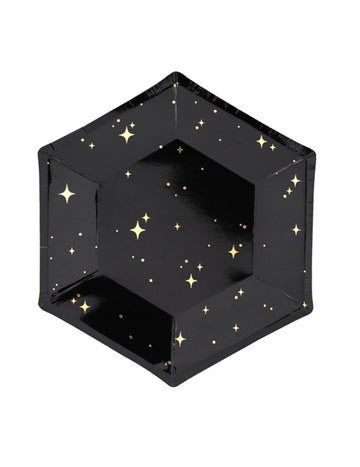 6 assiettes en carton noires et étoiles dorées 20 cm hexagonales