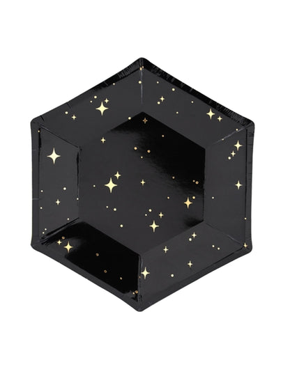 Assiettes en carton hexagonales étoiles pour fête noires et dorées