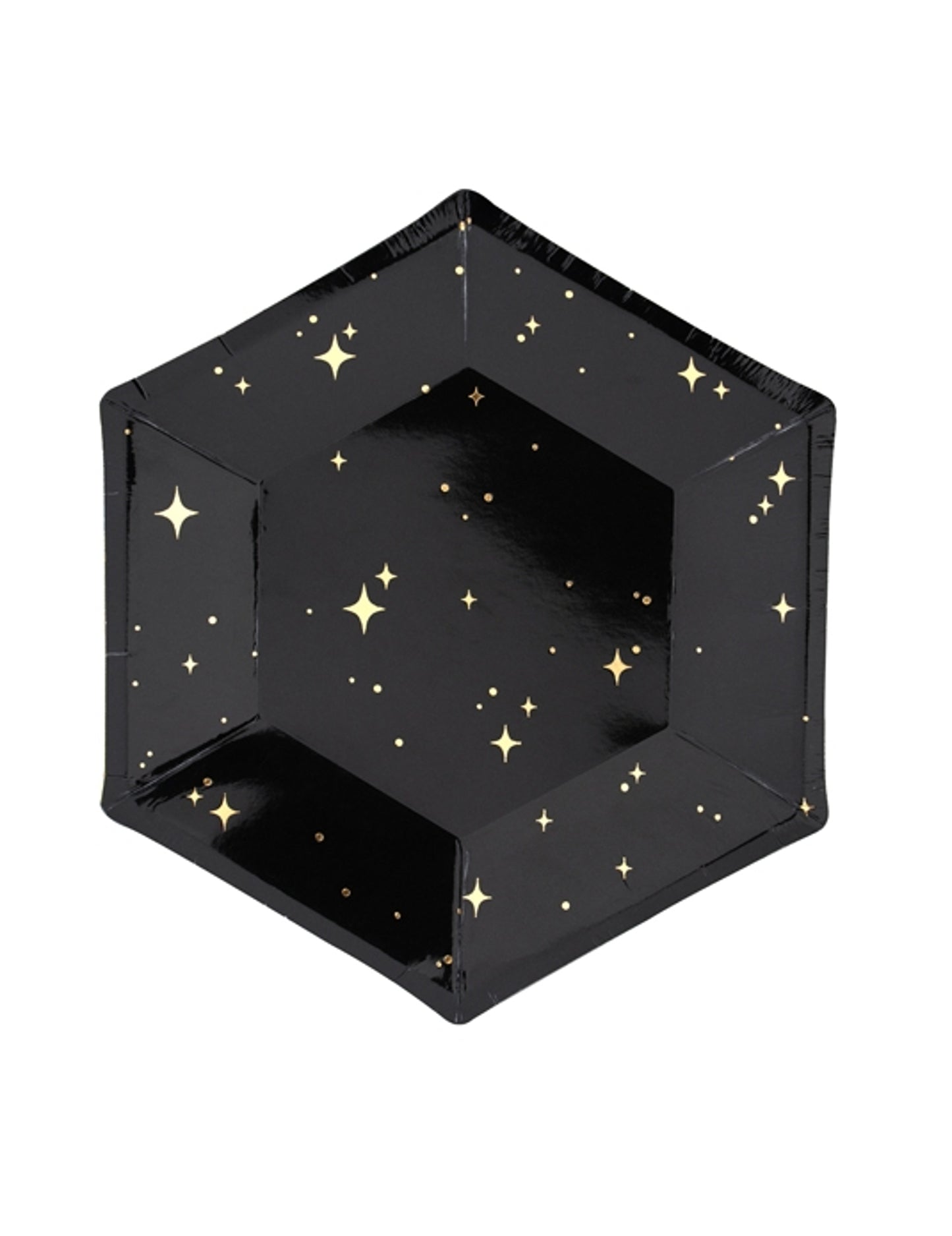 Assiettes en carton hexagonales étoiles pour fête noires et dorées