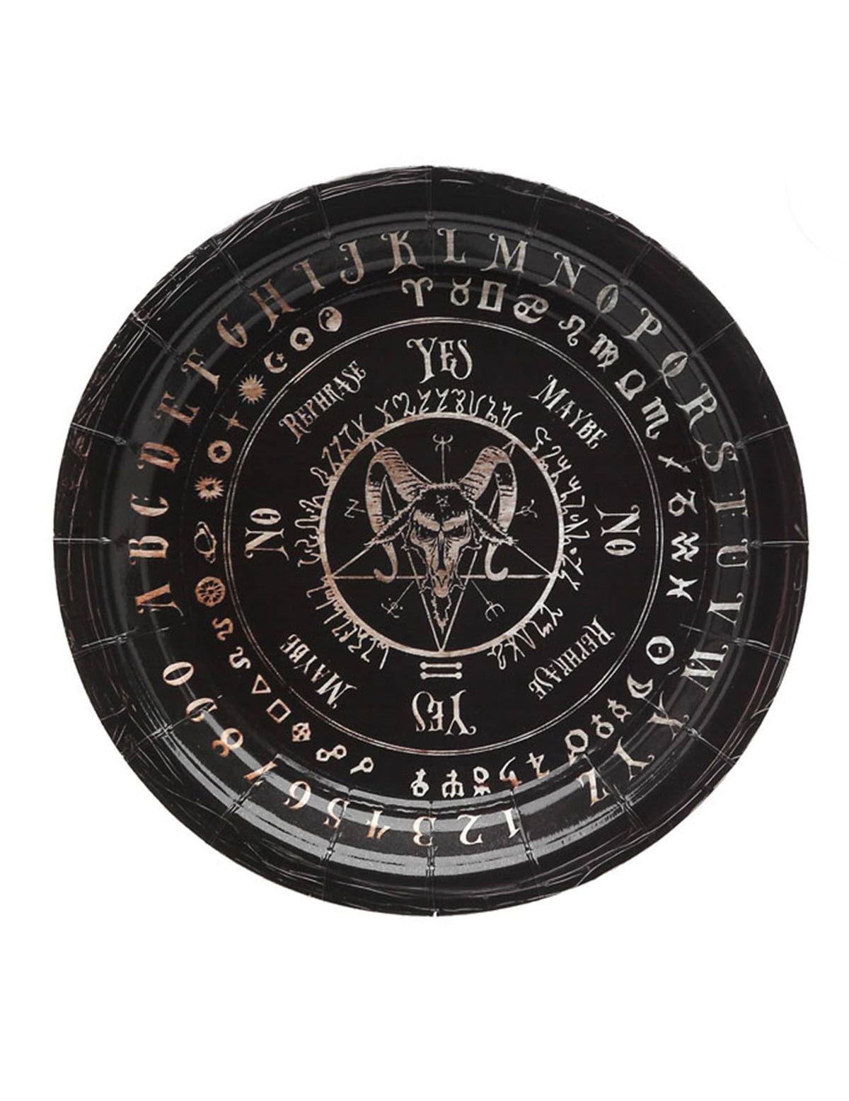 Assiette en carton ouija pour fête noire avec motif Baphomet et alphabet