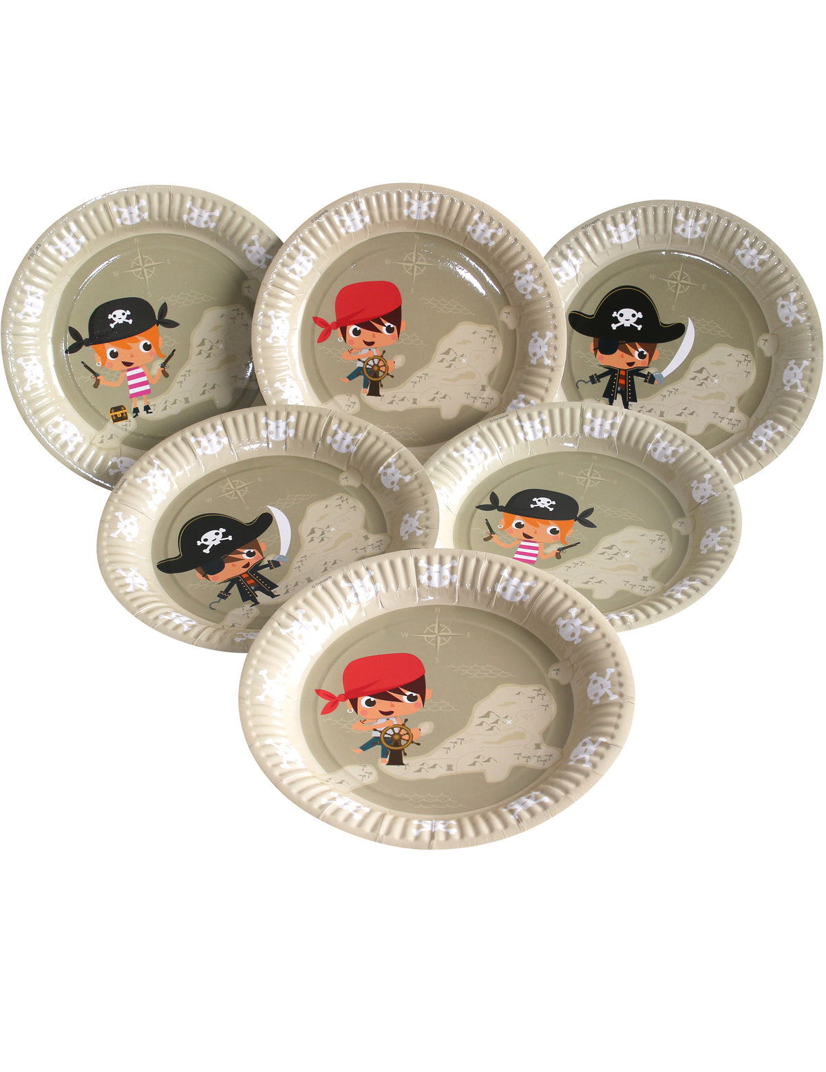 Lot de 6 assiettes en carton Pirate pour enfant beige avec motifs illustrés