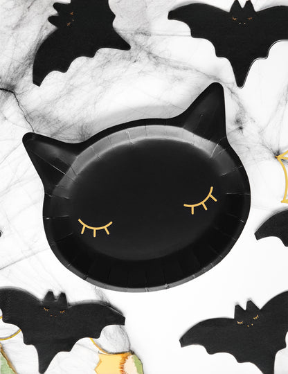 6 assiettes en carton tête de chat noir 22 cm yeux dorés