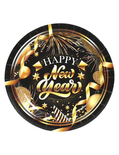 6 črno-zlatih papirnatih krožnikov za srečno novo leto 23 cm