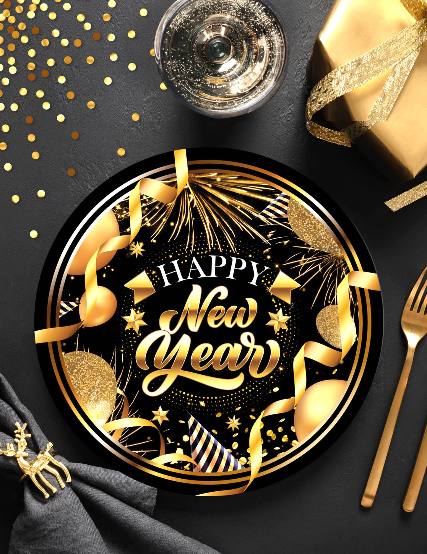 6 črno-zlatih papirnatih krožnikov za srečno novo leto 23 cm
