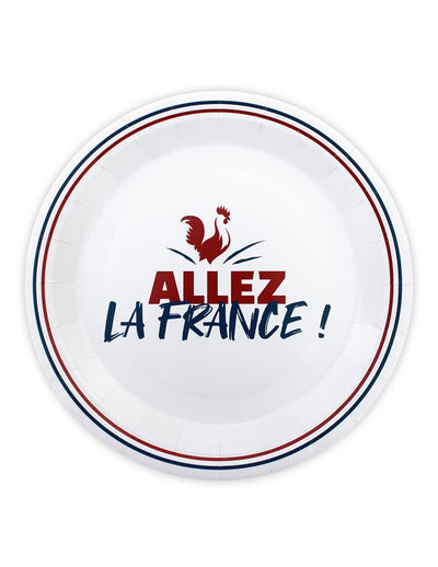 Assiette en carton Allez la France pour supporter blanc avec motif coq et liseré tricolore
