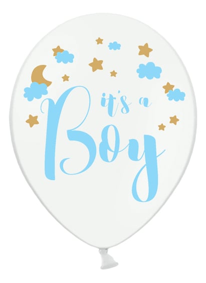 Ballon it's a boy pour baby shower blanc avec motifs bleus et dorés