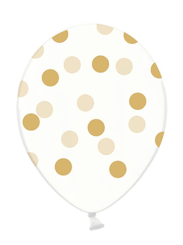 6 prozornih lateks balonov z zlatimi oker pikami 30 cm biorazgradljivih 