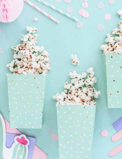 6 boîtes à popcorn en carton menthe à pois blancs et dorés