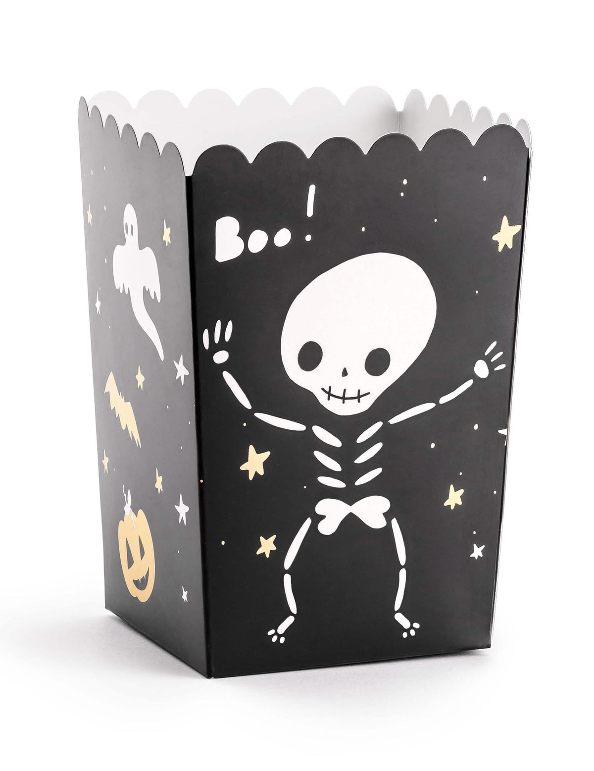 Škatla za popcorn halloween Boo ! za črno zabavo z motivi okostnjaka in duha