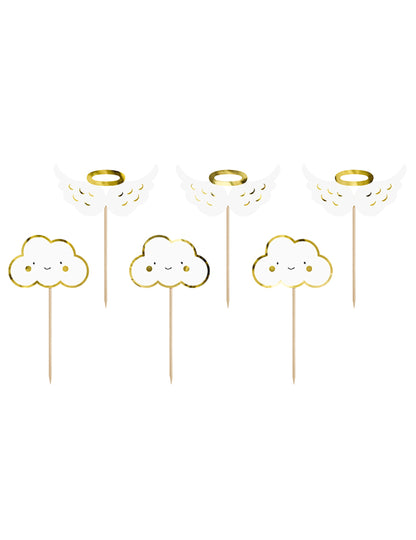 6 lesenih okraskov za torto z oblaki in krili v beli in kovinsko zlati barvi, 12,5 cm cm za otroško zabavo