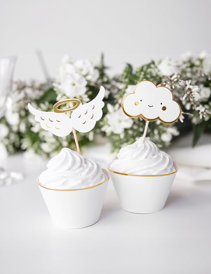 6 lesenih okraskov za torto z oblaki in krili v beli in kovinsko zlati barvi, 12,5 cm cm za otroško zabavo