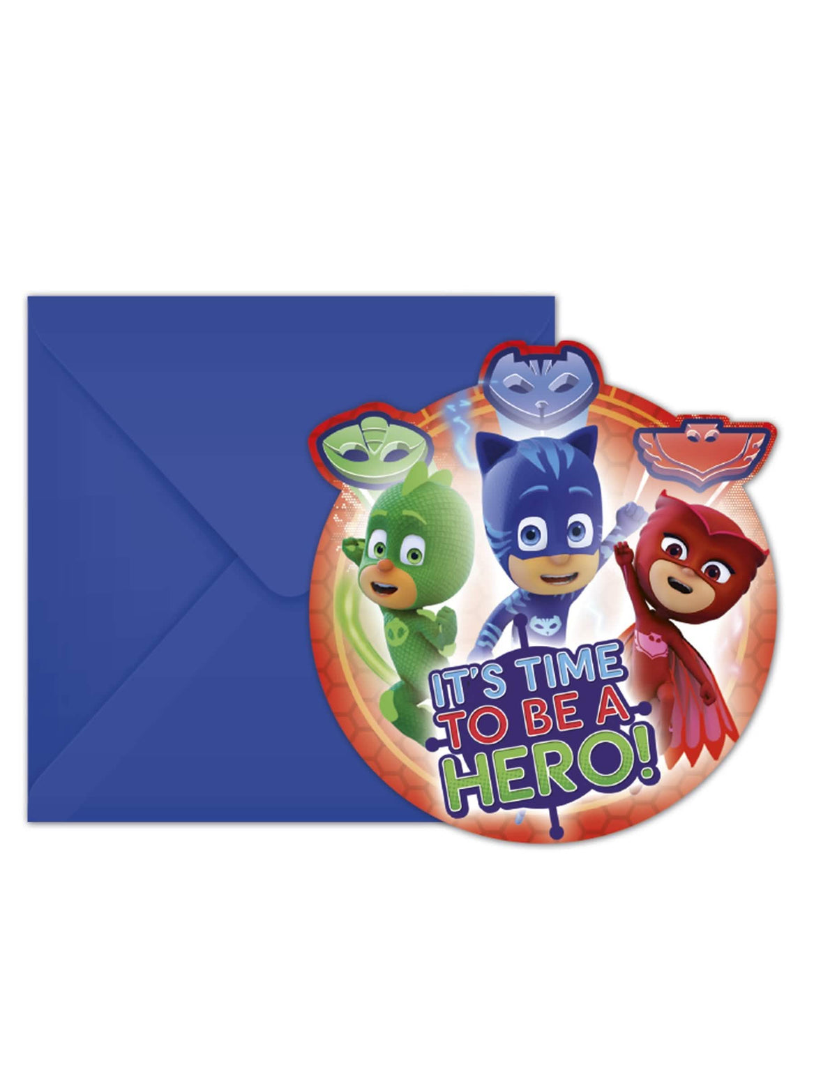 6 kartoni vabil in ovojnice PJ Masks za otrok modre barve z Yoyo, Bibou in Gluglu