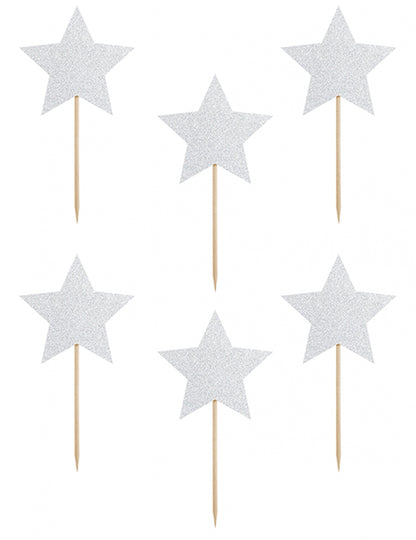 Lot de 6 de la décoration pour gâteau sur pique étoile pour anniversaire argent pailleté