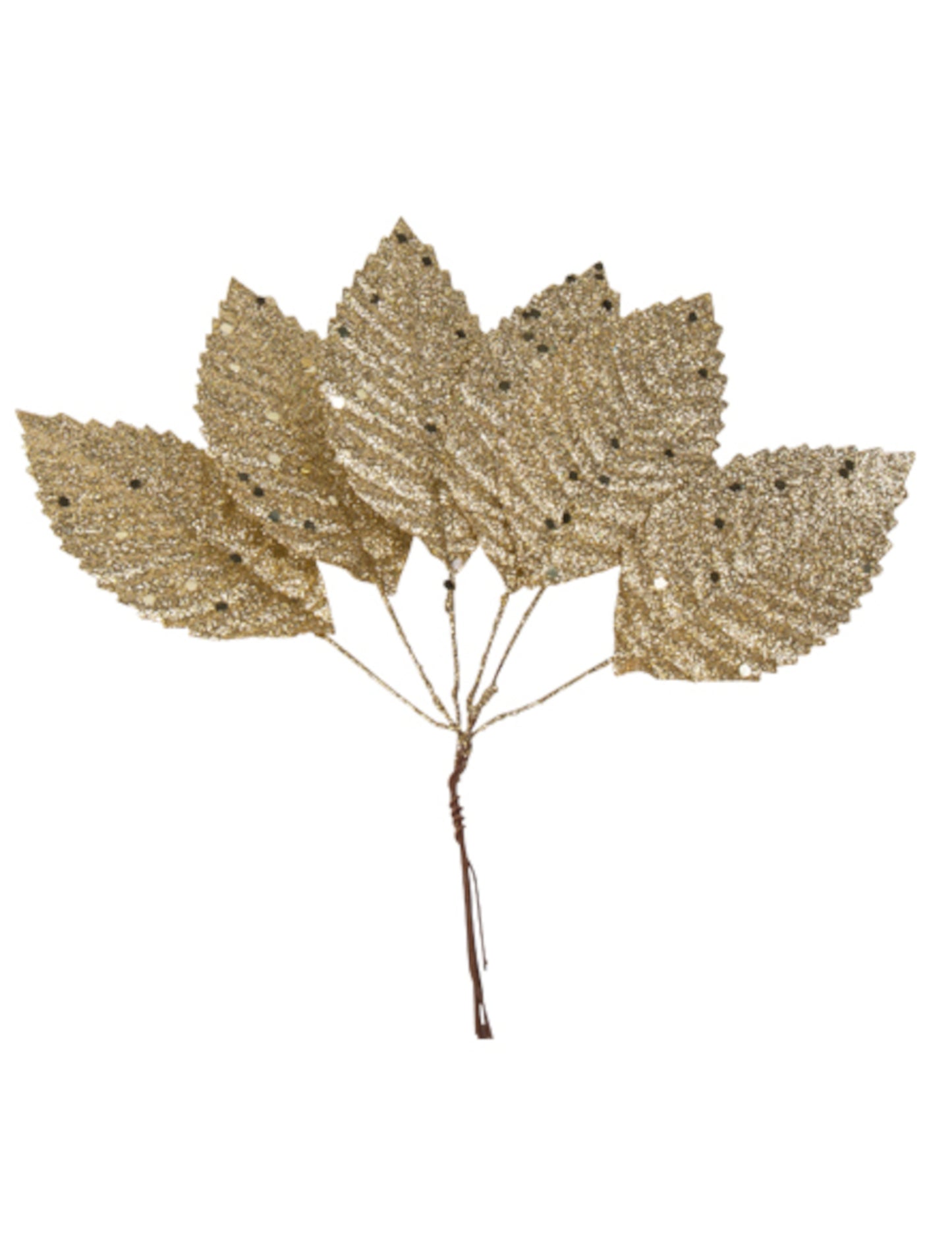 6 listov na steblih, bleščice šampanjske barve, 19 cm za božič