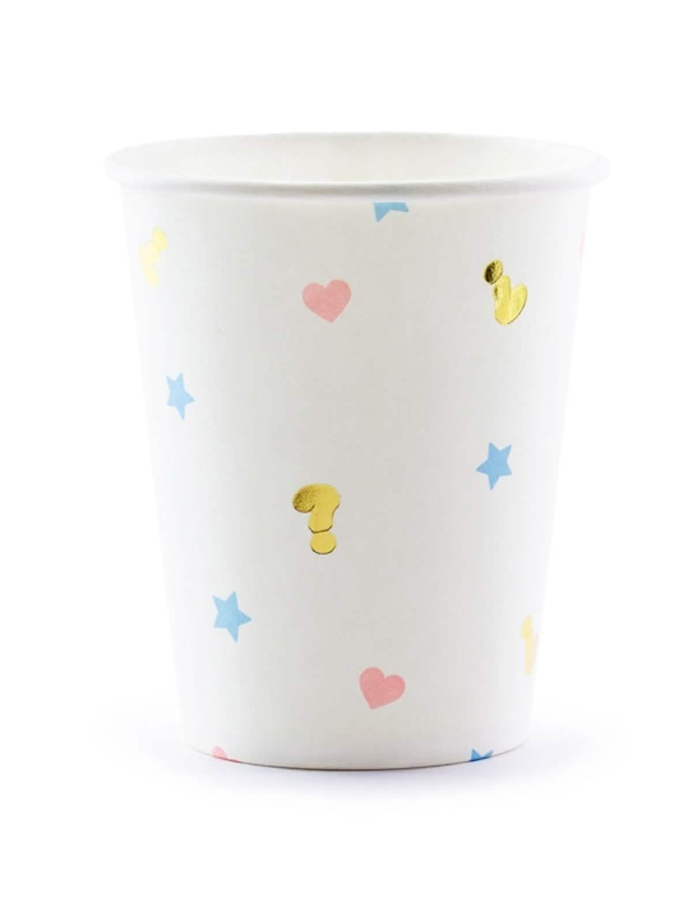 Kartonasti kozarčki boy or girl za baby shower, beli z rožnatimi srčki, modrimi zvezdami in zlati vprašaji
