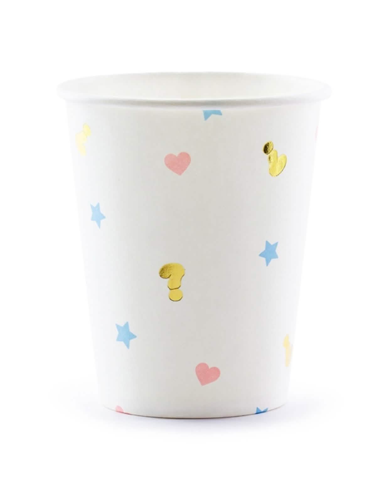Kartonasti kozarčki boy or girl za baby shower, beli z rožnatimi srčki, modrimi zvezdami in zlati vprašaji