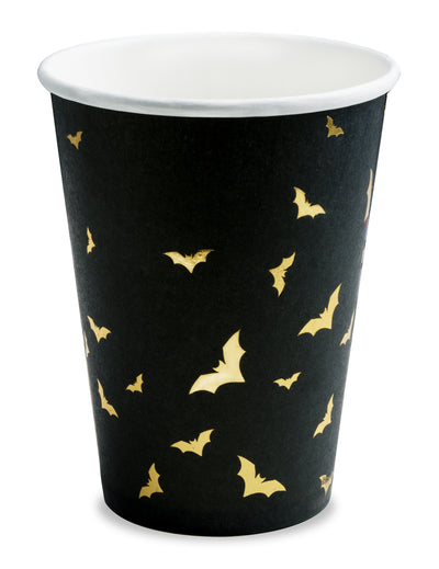 Gobelets en carton chauve-souris pour Halloween noirs et dorés