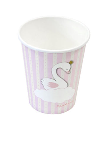 Gobelets en carton cygne rose et blanc à rayures avec cygne à couronne dorée