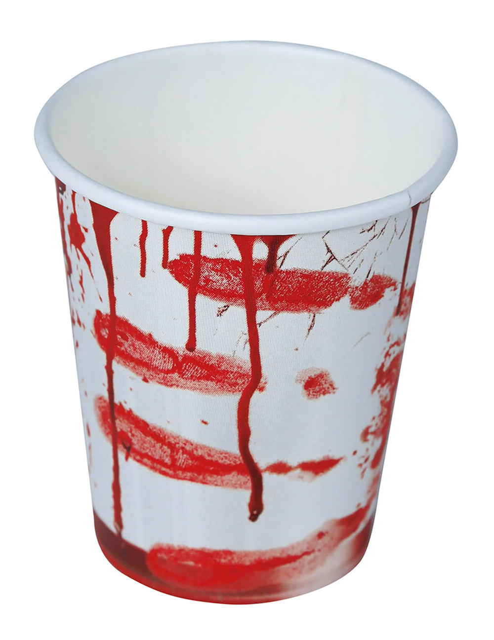 Detaj na krvave sledi kartonastega lončka za halloween, umazanega s krvjo