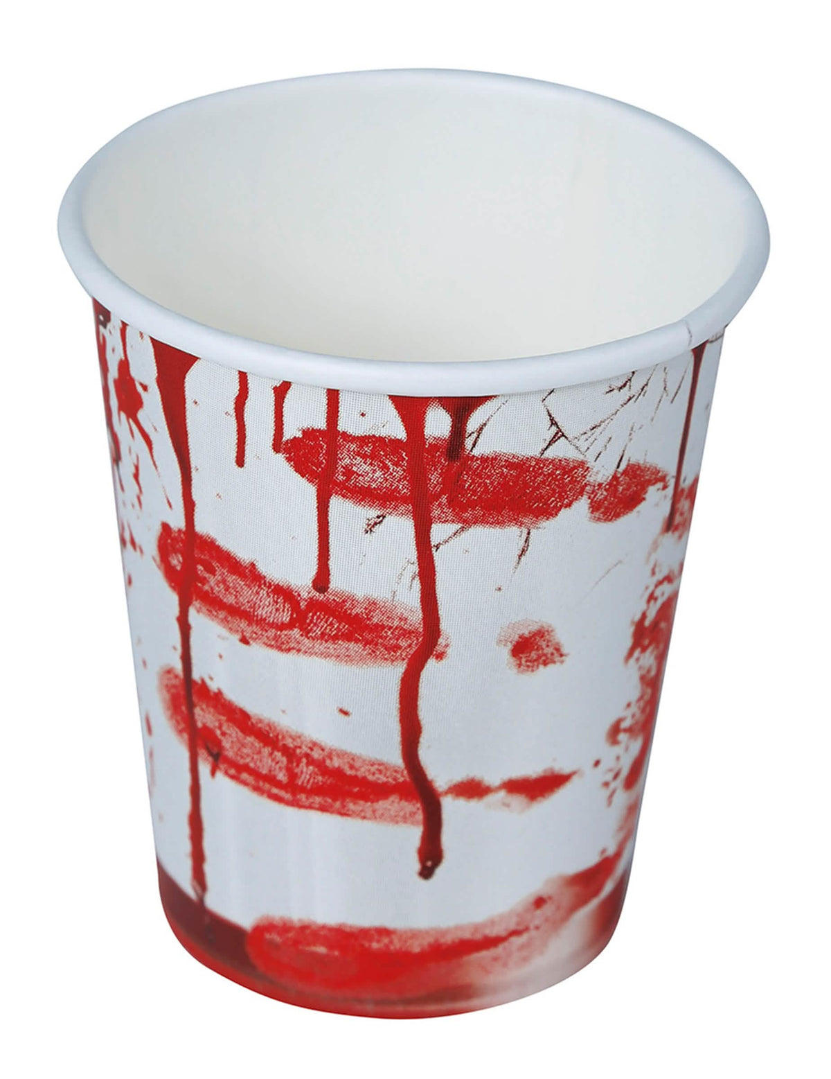 Detaj na krvave sledi kartonastega lončka za halloween, umazanega s krvjo