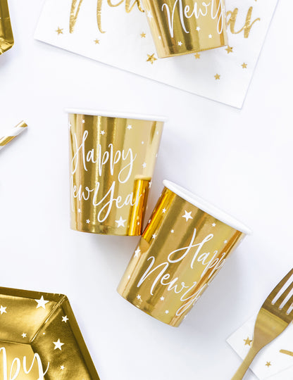 6 kovinskih zlatih kartonskih kozarčkov z vzorcem zvezd "Srečno novo leto", 220 ml
