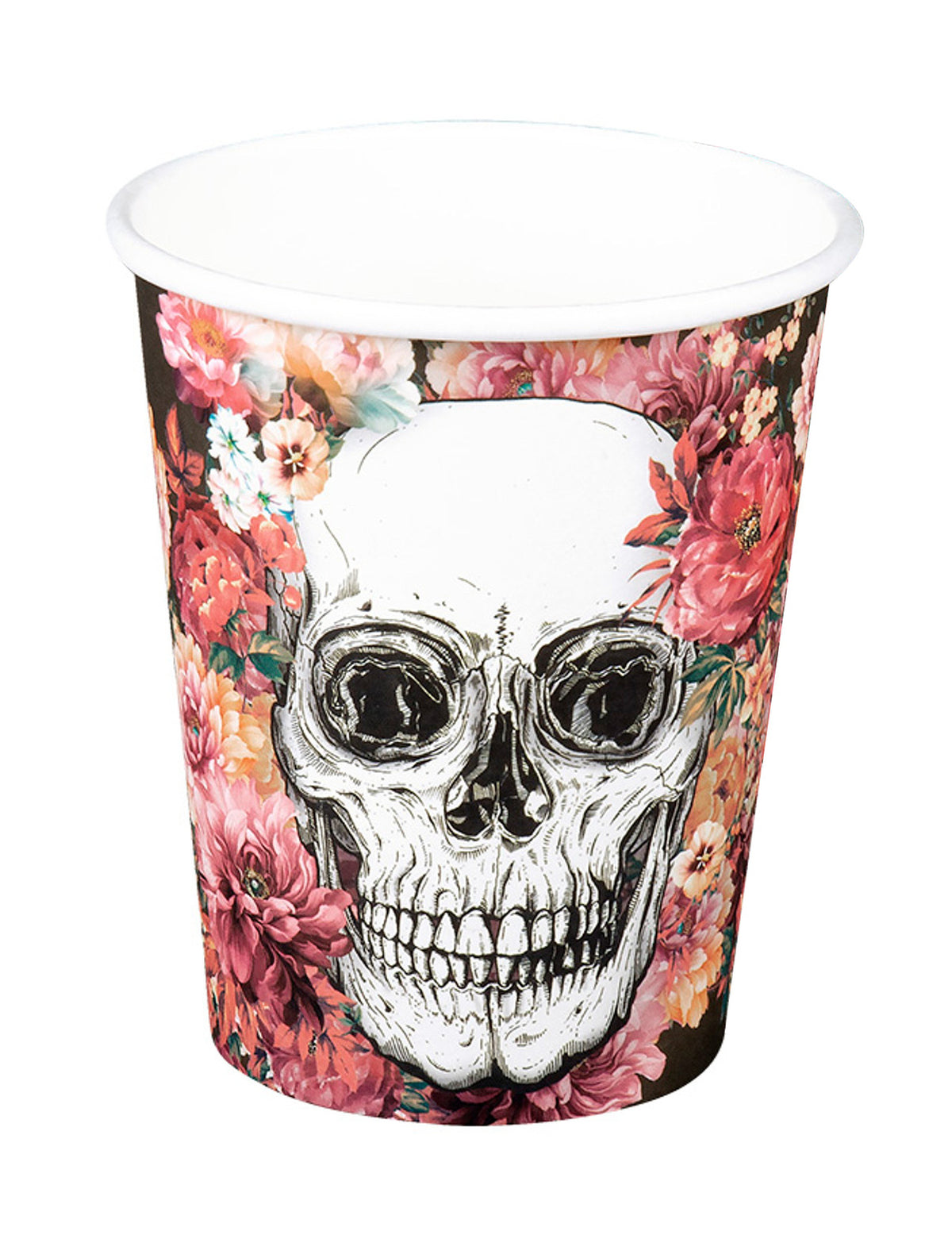 Gobelets en carton squelette fleuri pour fête avec fleurs roses et blanches