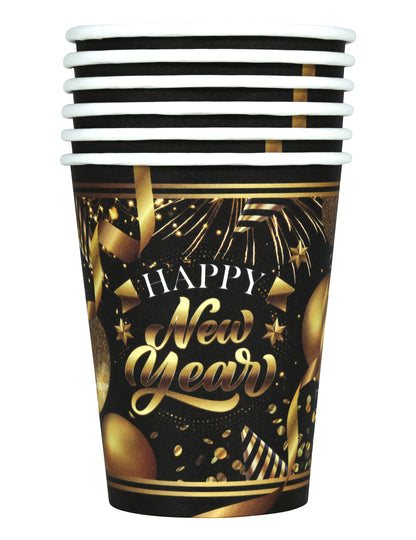 6 črno-zlatih kartonskih kozarčkov Srečno novo leto, 240 ml