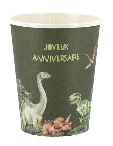 6 skodelic Happy Birthday Dinosaur, zelene kartonske, 255 ml, z motivom džungle