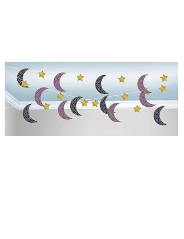 6 guirlandes en papier lunes et étoiles mille et une nuits pour décoration orientale bleu violet et or