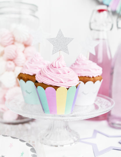 6 okraskov za kolačke v obliki samoroga 7,5 x 5 cm pastelne