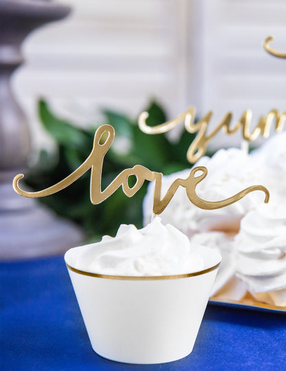 6 belih in zlatih papirnatih okraskov za kolačke za poroke