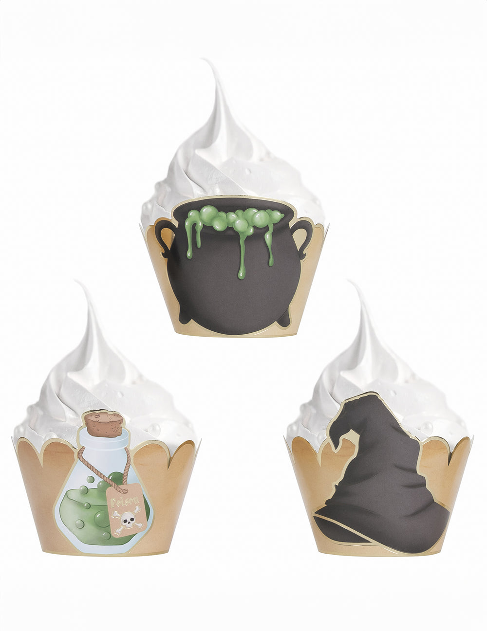Détail des motifs chaudron potion et chapeau des habillages moules à cupcake apprenti sorcier