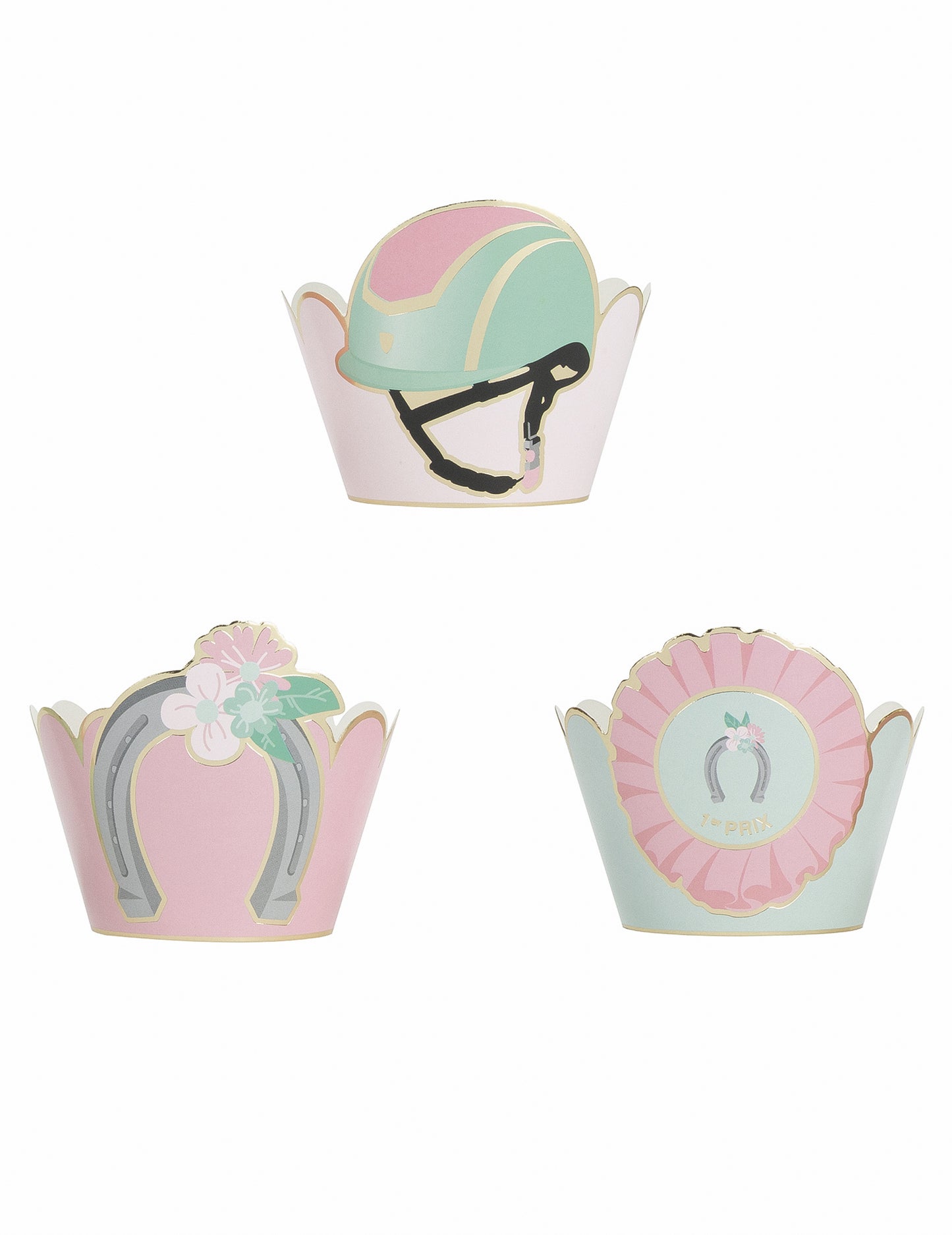 6 modrih in pastelno roza papirnatih modelčkov za kolačke v obliki konjička