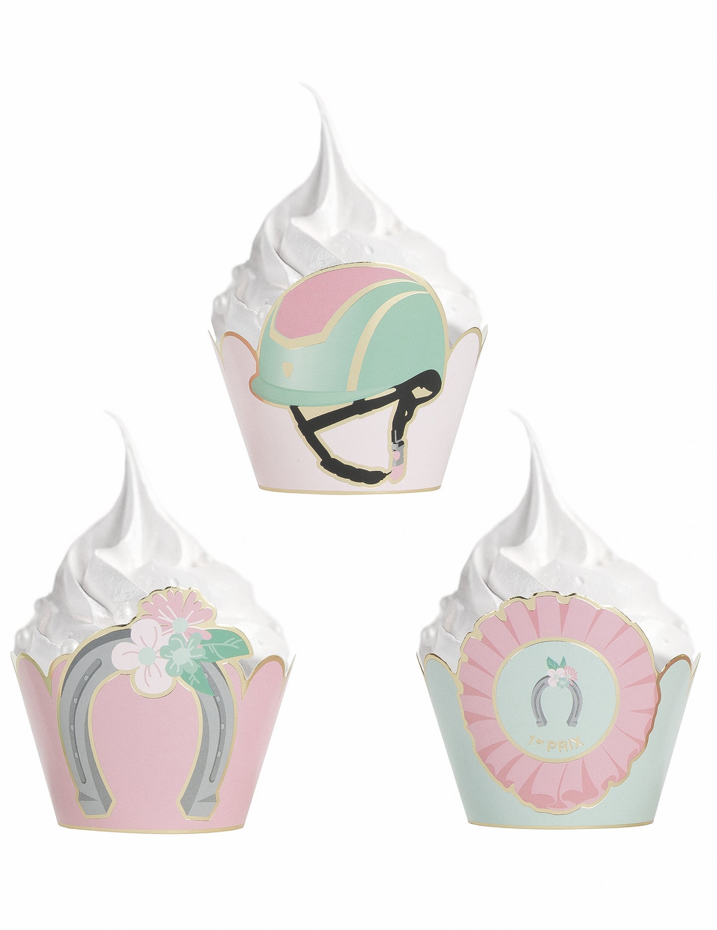 6 modrih in pastelno roza papirnatih modelčkov za kolačke v obliki konjička