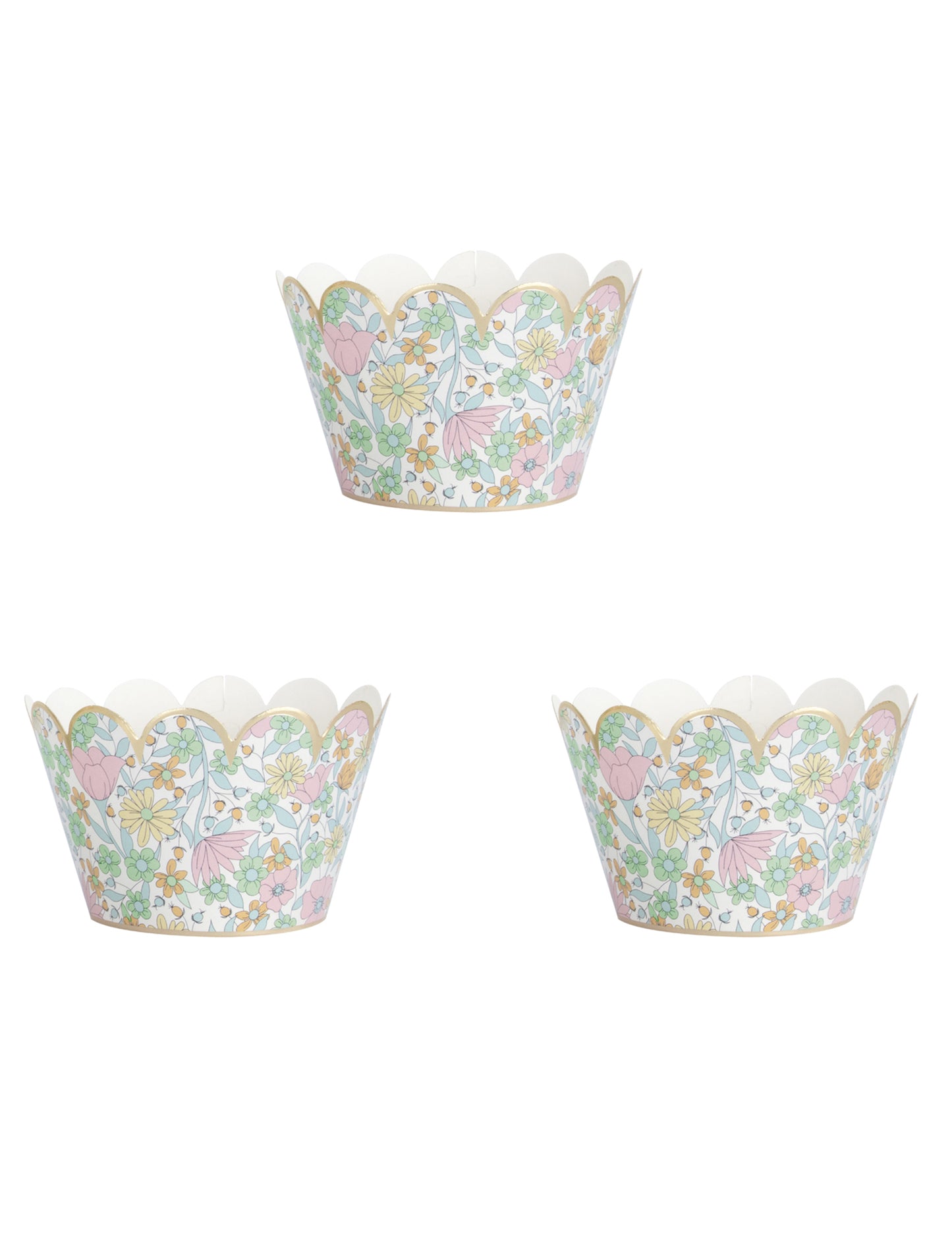 Habillages moules à cupcake shabby à fleurs liberty pour fête pastel et doré