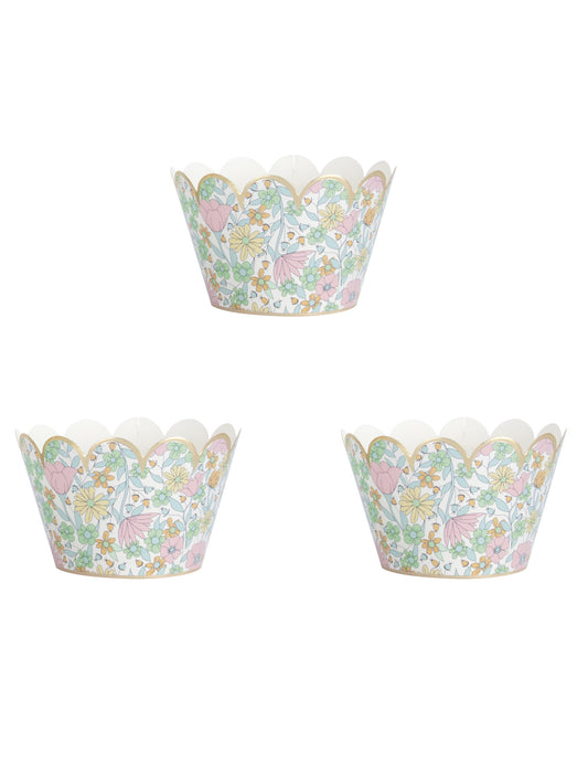Habillages moules à cupcake shabby à fleurs liberty pour fête pastel et doré
