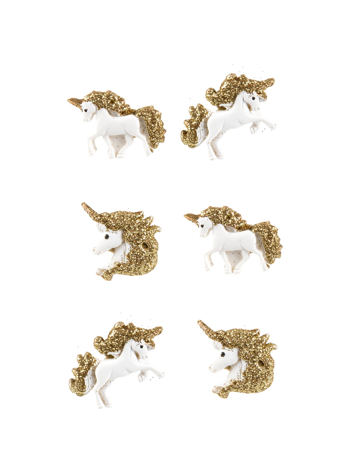 6 belih samorogov iz samolepilne smole z zlatimi bleščicami 3 cm