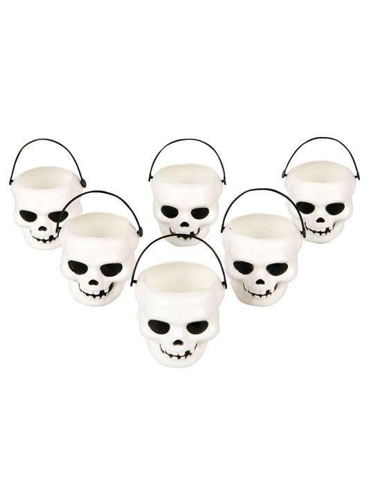 6 Mini seaux tête de mort pour Halloween blancs avec anse noire