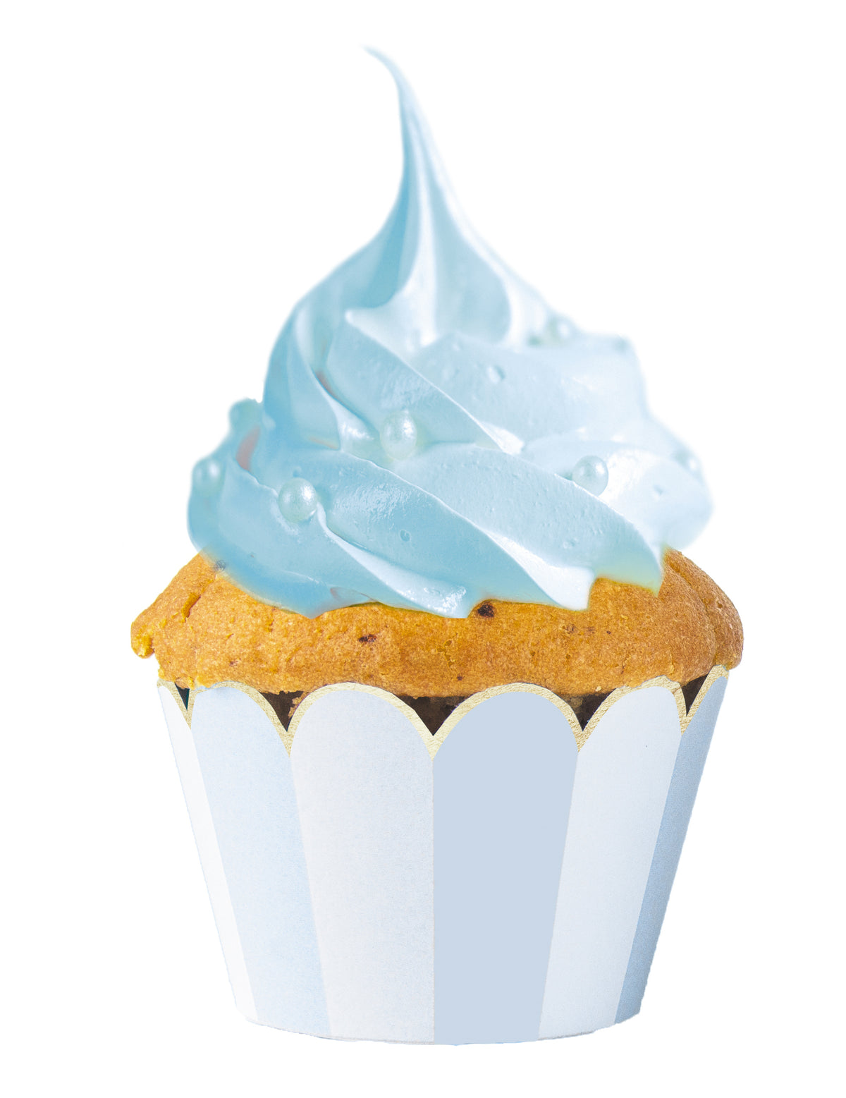 Habillages moules cupcake bleus et blancs rayés festonnés