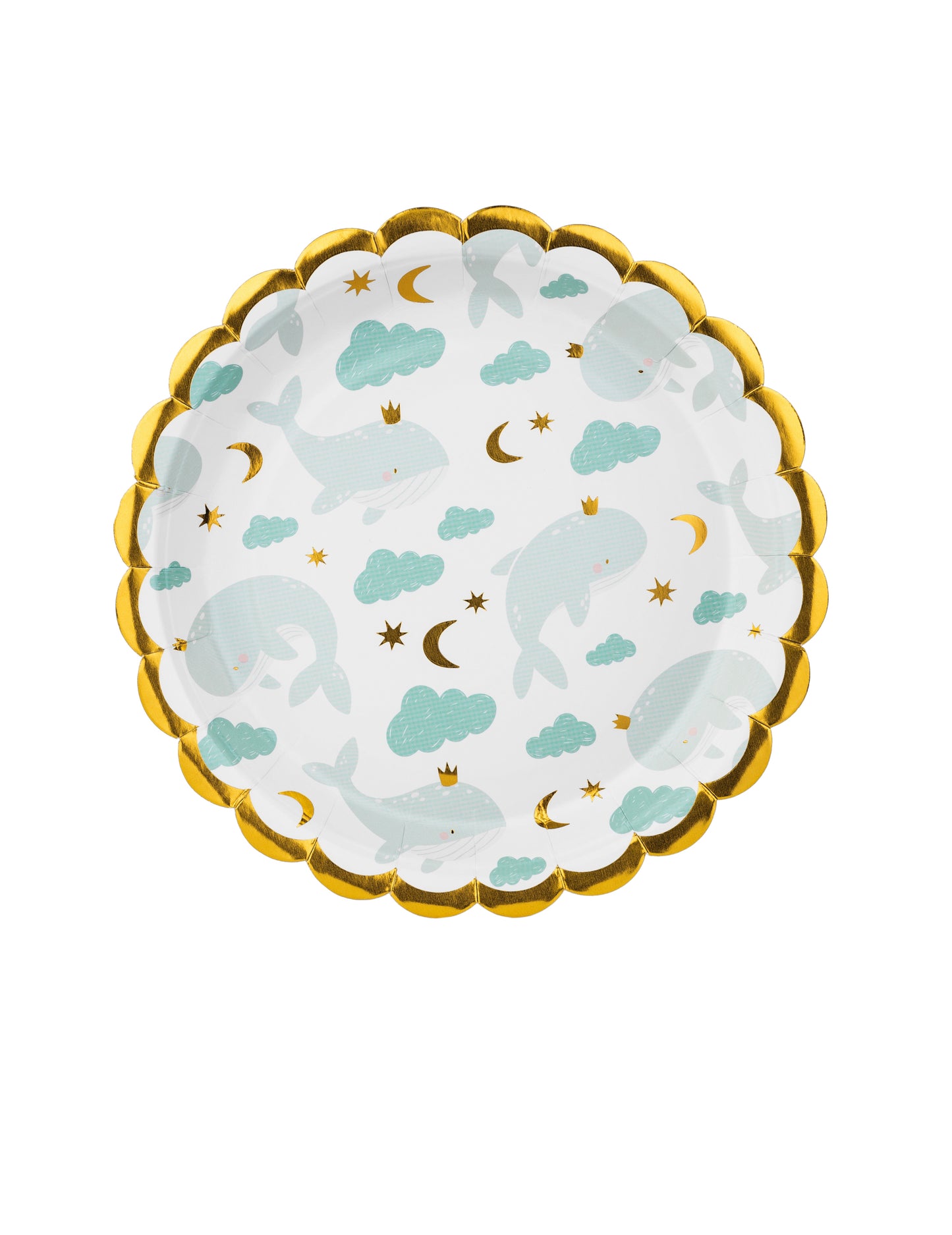6 majhnih papirnatih krožnikov z motivom nebeško modrega kita 18 cm z zlatimi robovi