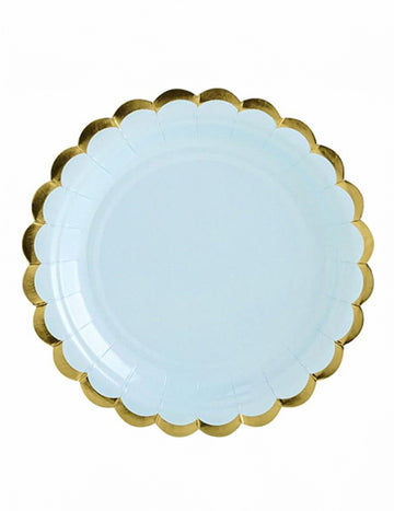 6 majhnih nebesno modrih kartonskih krožnikov z zlatimi nazobčanimi robovi 18 cm
