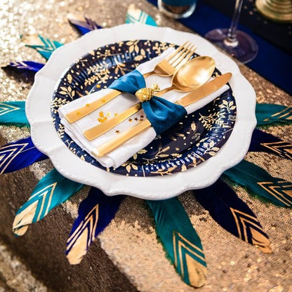 6 plumes ethniques bleu paon et or 18-20 cm pailletées