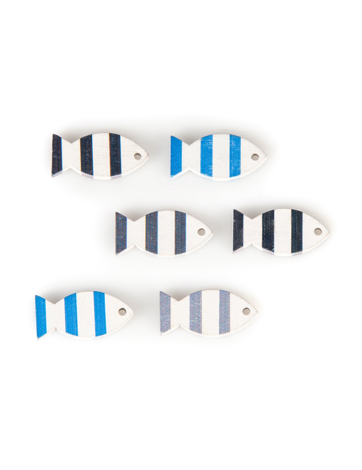6 modre okrasne in sive lesene ribe 3 x 2 cm