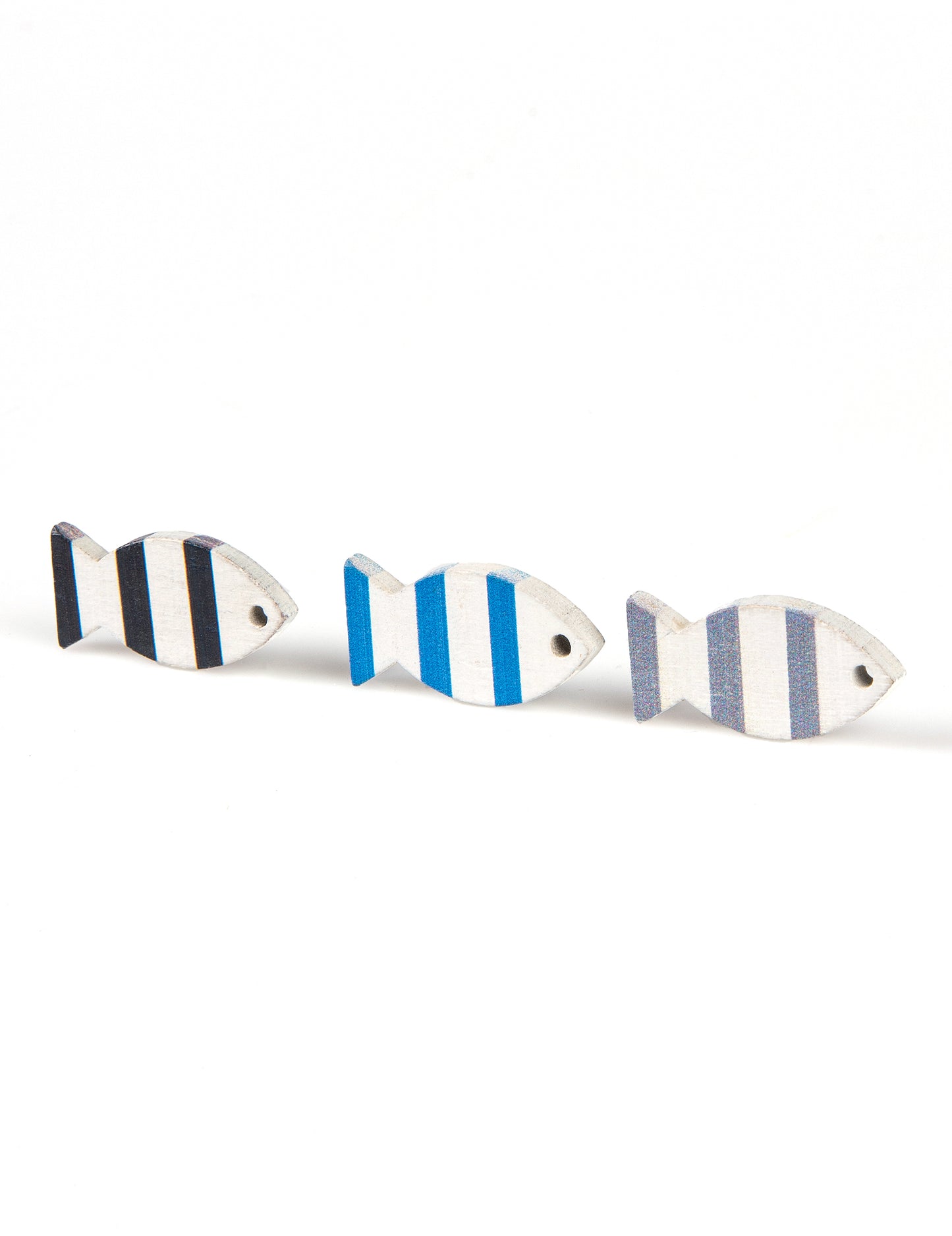 6 modre okrasne in sive lesene ribe 3 x 2 cm