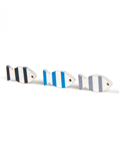 6 modre okrasne in sive lesene ribe 3 x 2 cm