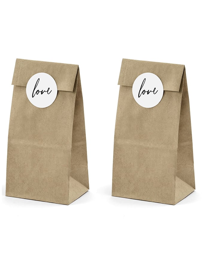 Sachets kraft stickers love pour mariage marron et blanc
