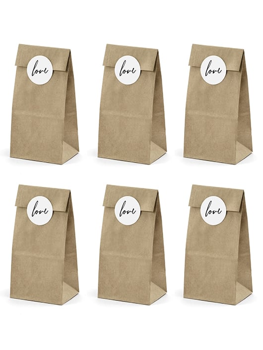 Vue d'ensemble des sachets kraft stickers love pour mariage