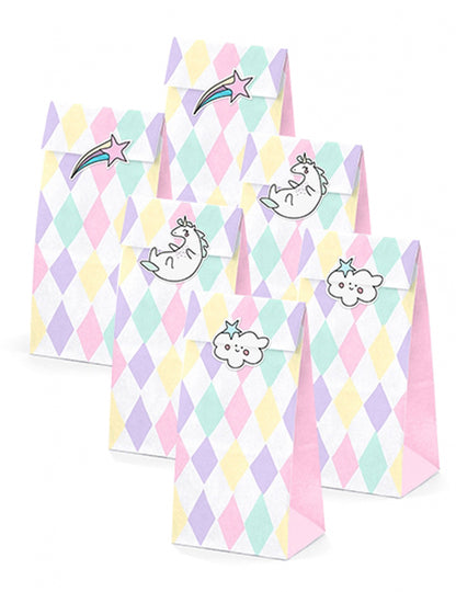 6 pastelnih papirnatih darilnih vrečk s samorogi, 8 x 18 x 6 cm